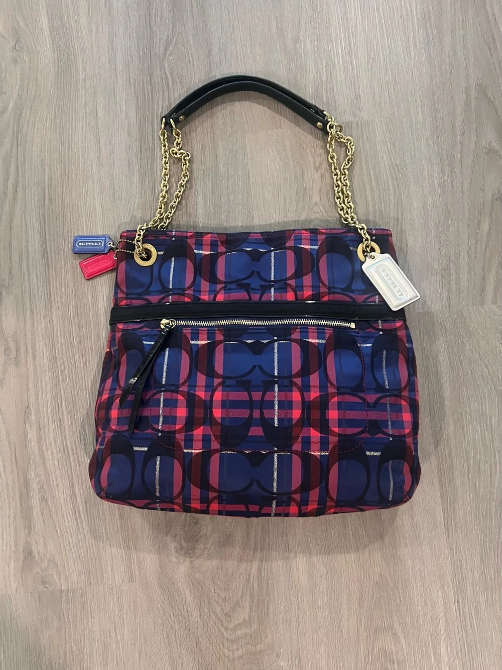 Coach Poppy metallic Tartan Plaid slim chain tote